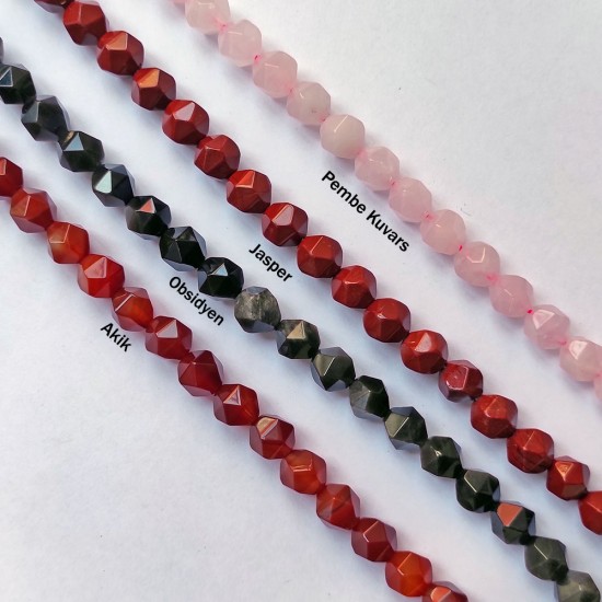 12 MM Kesimli Delikli Doğal Taşlar ( Jasper, Pembe Kuvars, Akik, Obsidyen )  - KLCDEL0958